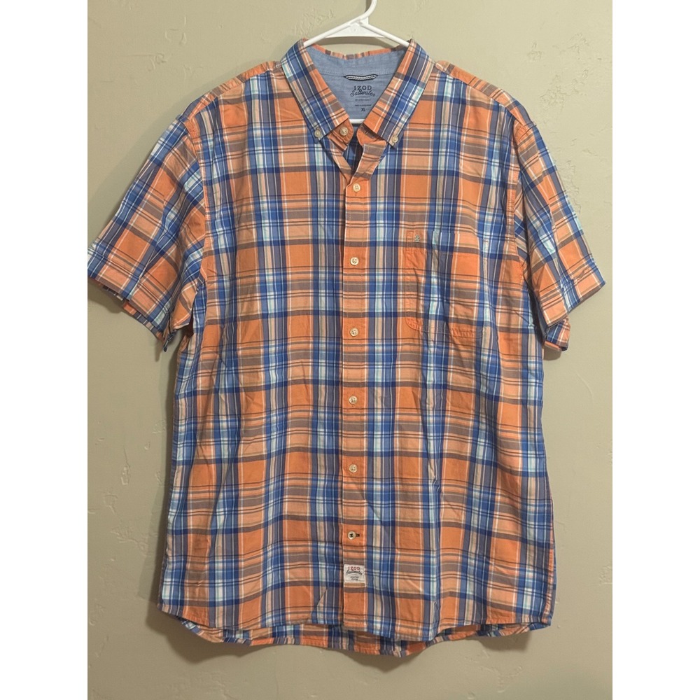 Izod shirt XL orange blue plaid short sleeve seaport poplin saltwater relaxed